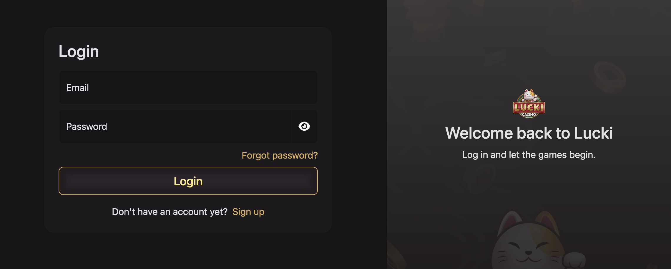 Lucki Casino login form