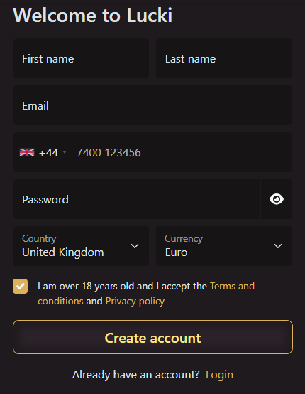 Lucki Casino registration form